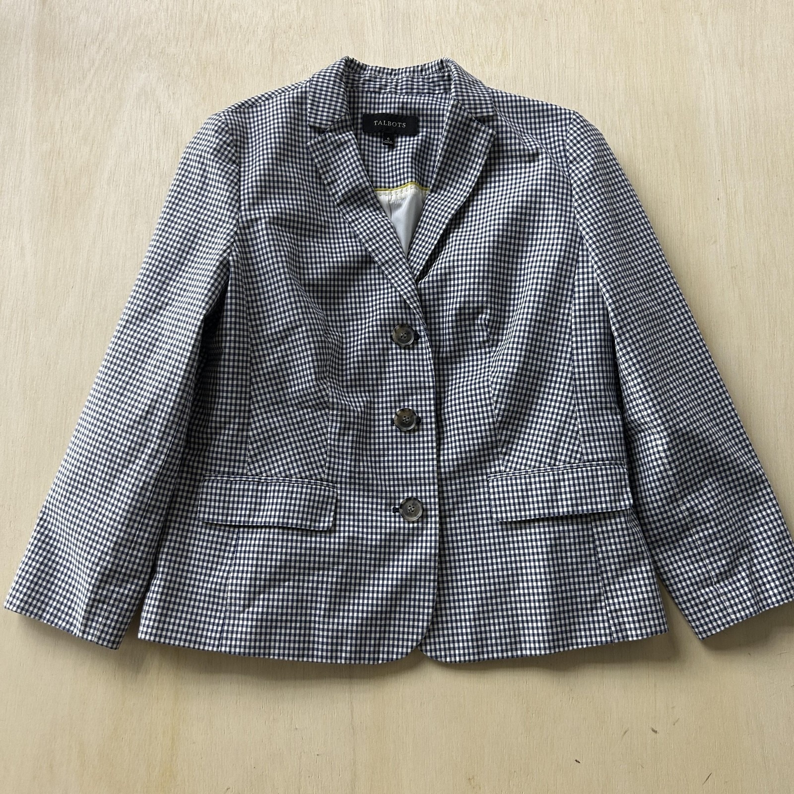 Talbots Blazer Jacket Womens 6 Blue Gingham 3 Button Lined Career Work Office